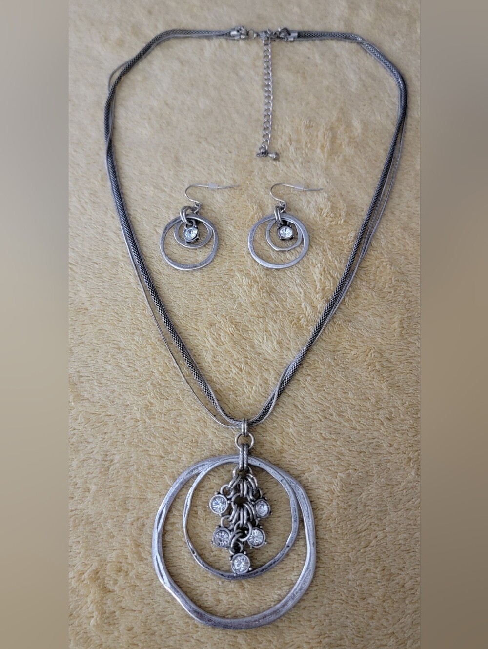 Silver Tone Circle Pendant Necklace and Earrings Set